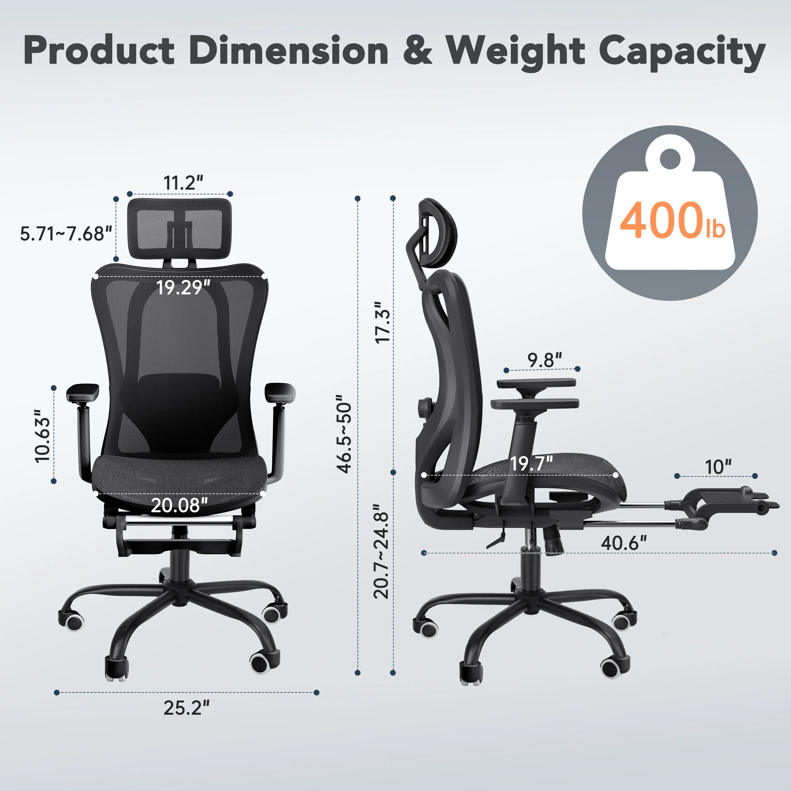 EVMORE Ergonomic Office Chair, Computer Desk Chair with Lumbar Support, Adjustable Headrest, and Breathable Mesh Back - 400 lbs Capacity, Black(with Footrest/3D Armrest)