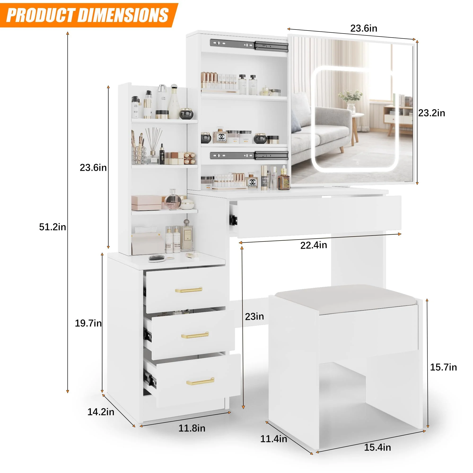 Vanity Desk with Sliding Mirror & Lights, Makeup Vanity Set with Charging Station 4 Drawers 7 Shelves, Large Vanity Set with Cushioned Stool for Bedroom, White