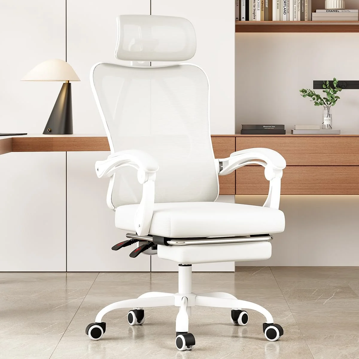 STARY Ergonomic Office Chair with Footrest, High Back Mesh Desk Chair with Adjustable Headrest & Lumbar Support, Comfortable Computer Chair for Home Office Study, White & Beige