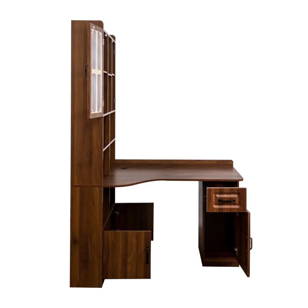 Tcbosik L-Shaped Desk with Storage, Corner Computer Desk with Hutch and Open Shelves, Study Writing Table with Drawer and Cabinets for Home Office, Space Saving, Walnut