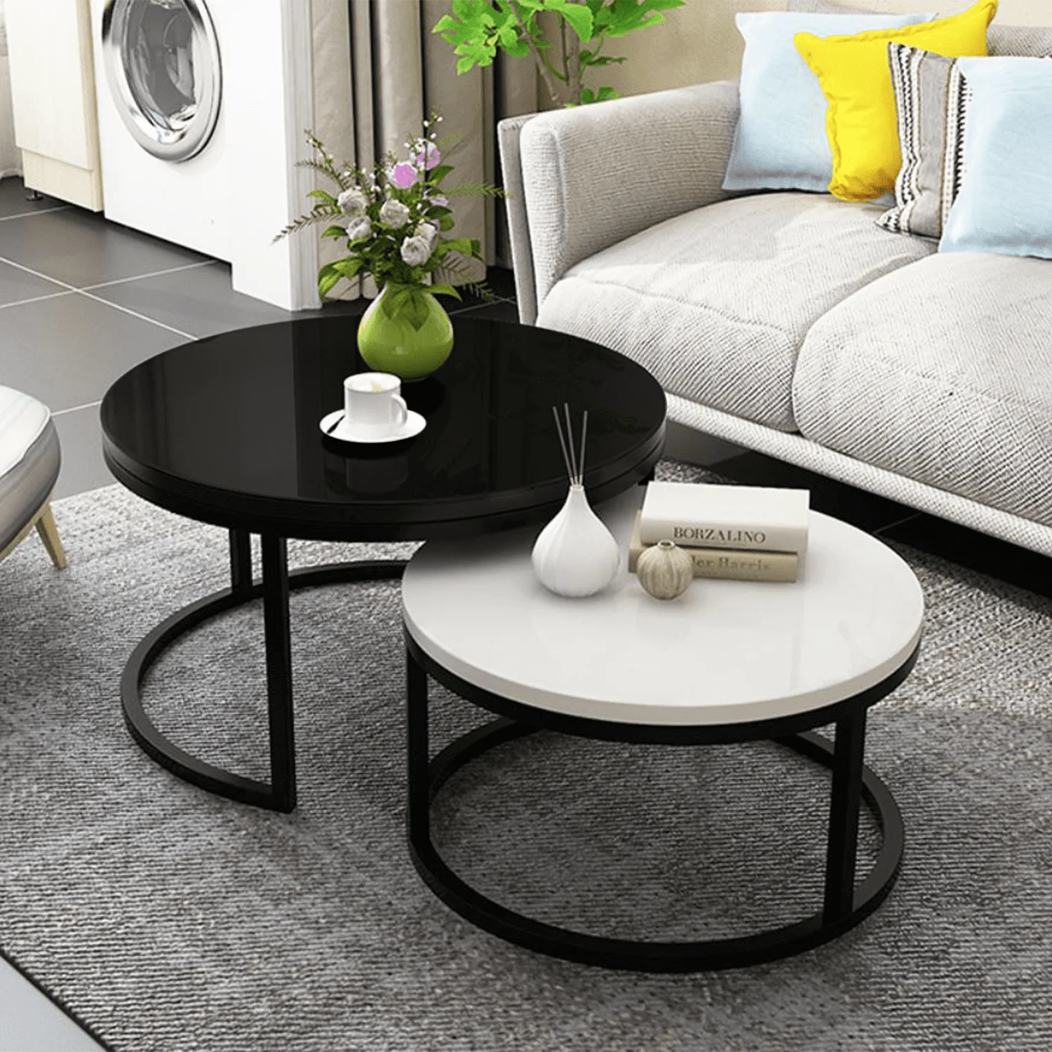 2 Round Tea Table Coffee Table Desk Sets | Black & White - Twin Sets Multi Function Wood & Steel Living Room Home Decor Polished Surface Overlapping Ending Tables Cocktail Table