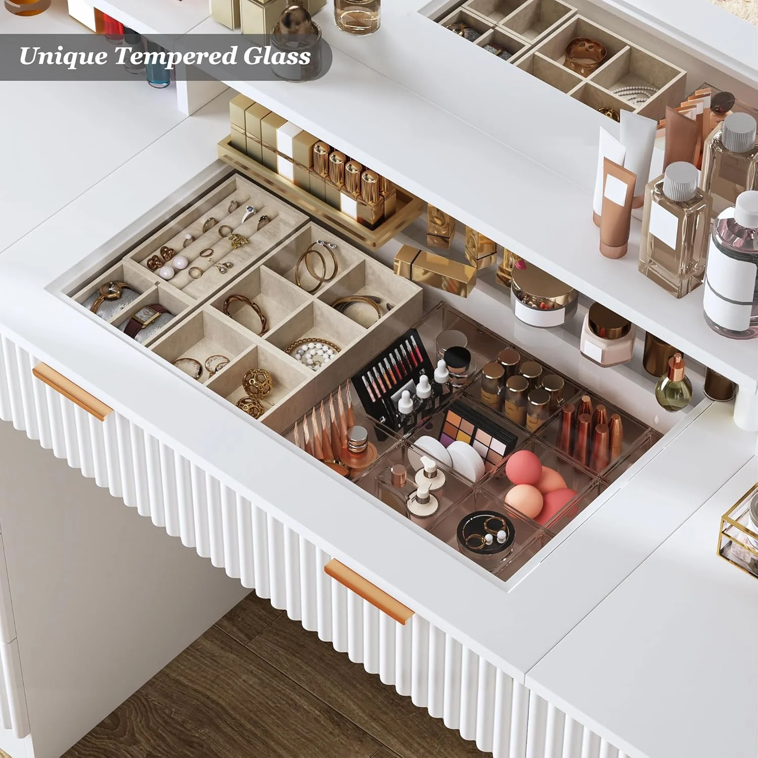 Tomnk White Vanity with Lights Mirrors, Makeup Vanity Desk with Drawers and Chair, Power Outlet