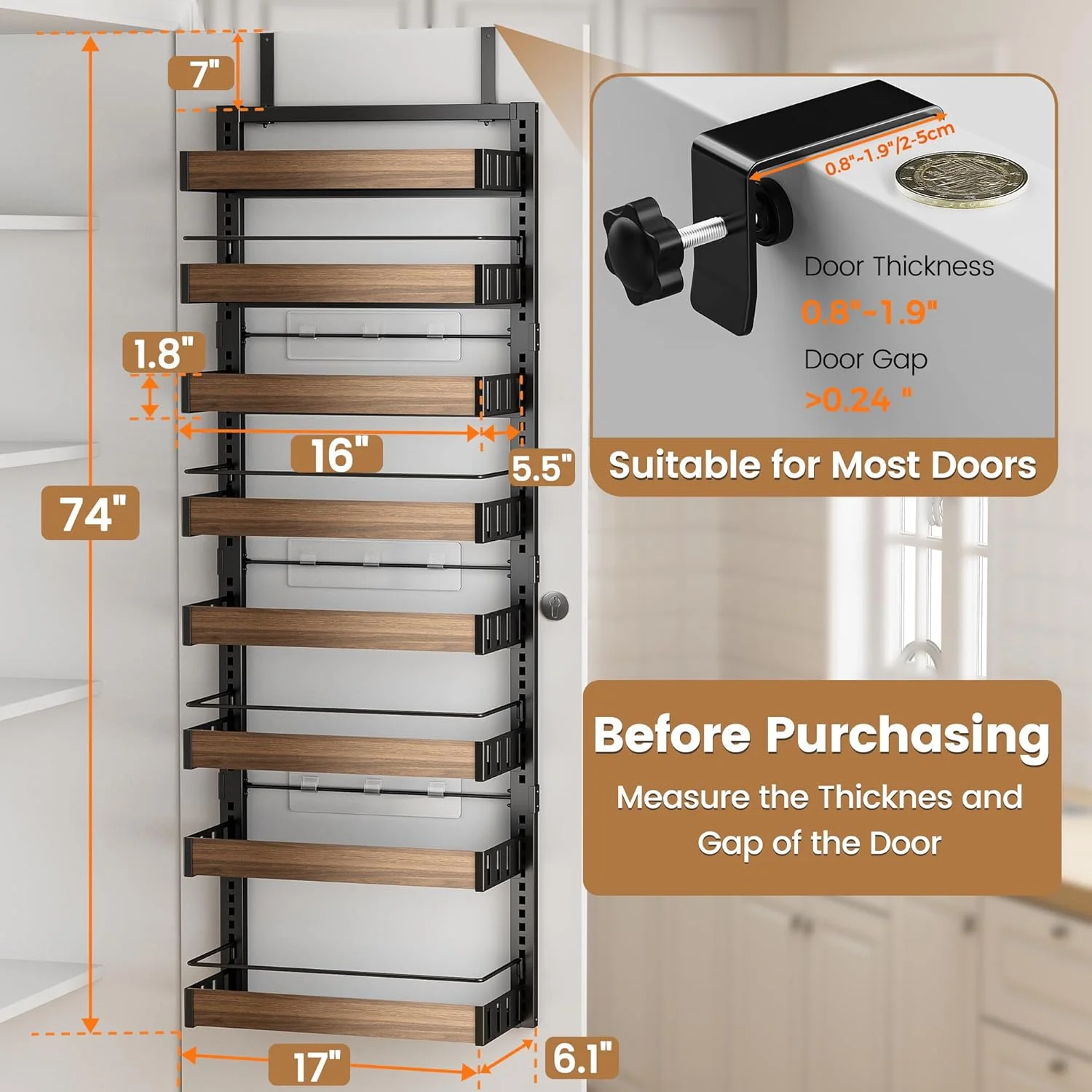 8 Tier Over The Door Pantry Organizer, 2 IN 1 Wall Mount or Hanging Spice Rack Seasoning Shelves with Adjustable Basket, Back of Door Organizer and Storage for Kitchen Cabinet and Room Closet