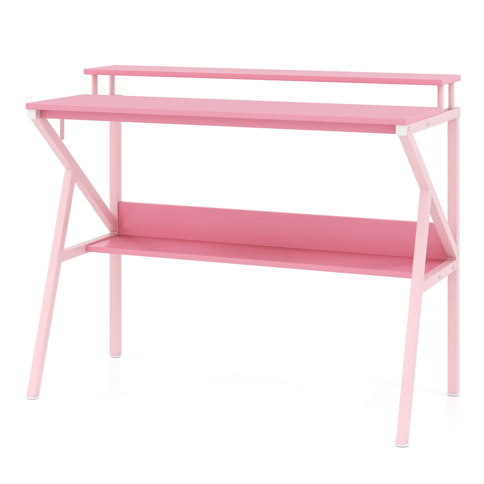 Costway Home Office Desk with Monitor Stand, Open Shelf & Metal Frame, Earphone Hook White