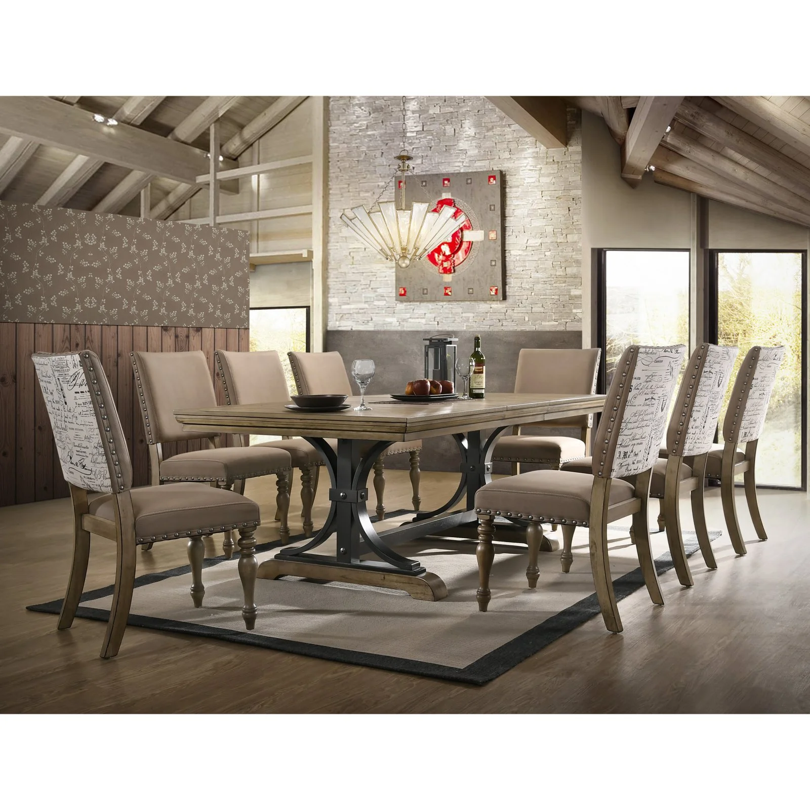 Roundhill Furniture 9-Piece Extendable Table with Nailhead Armchairs Dining Set, Driftwood