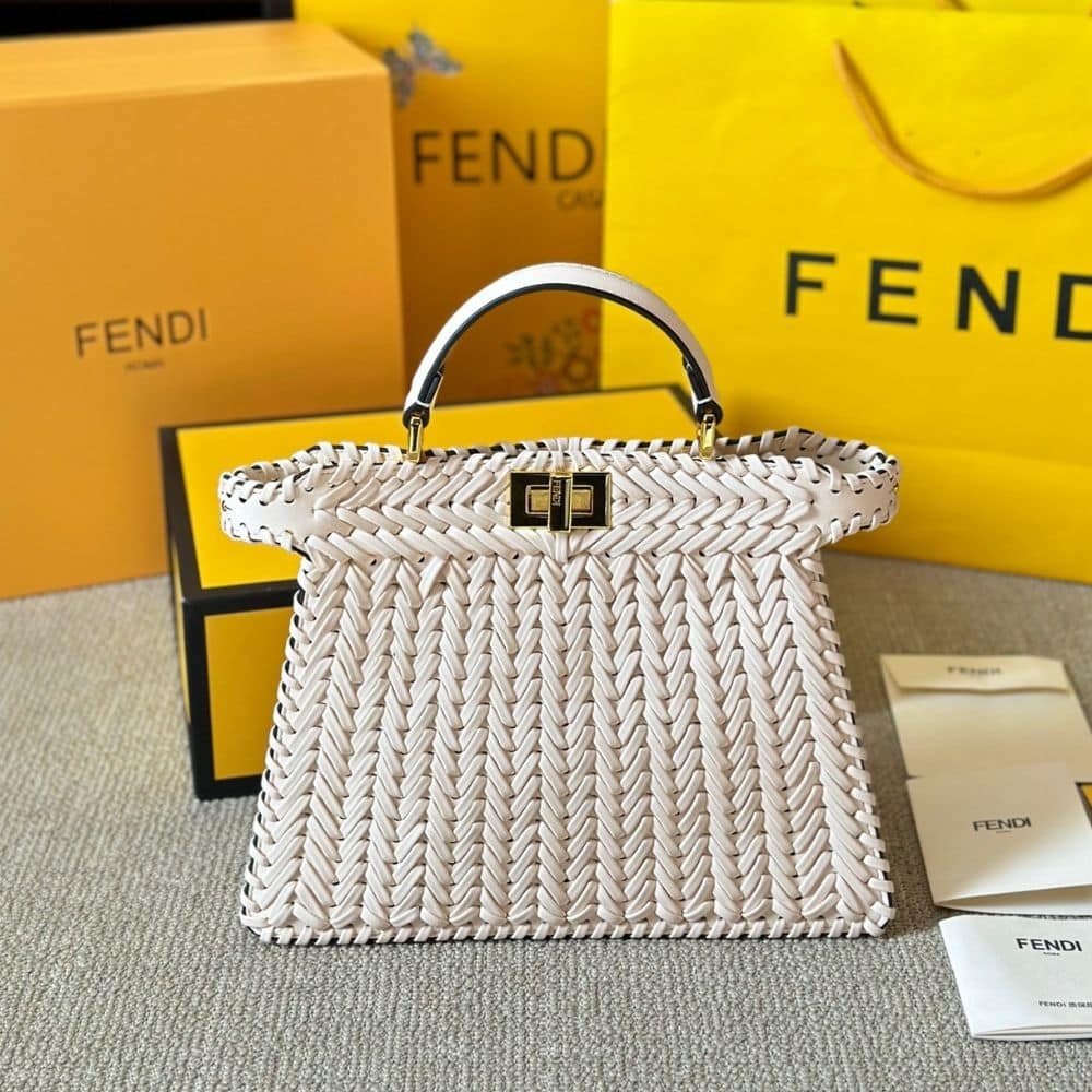 Fendi Peekaboo ISeeU Camellia Interlace Leather Bag White 11 Inches