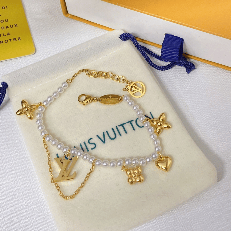 Louis Vuitton Monogram Flower Pearl Charm Bracelet Gold-Tone