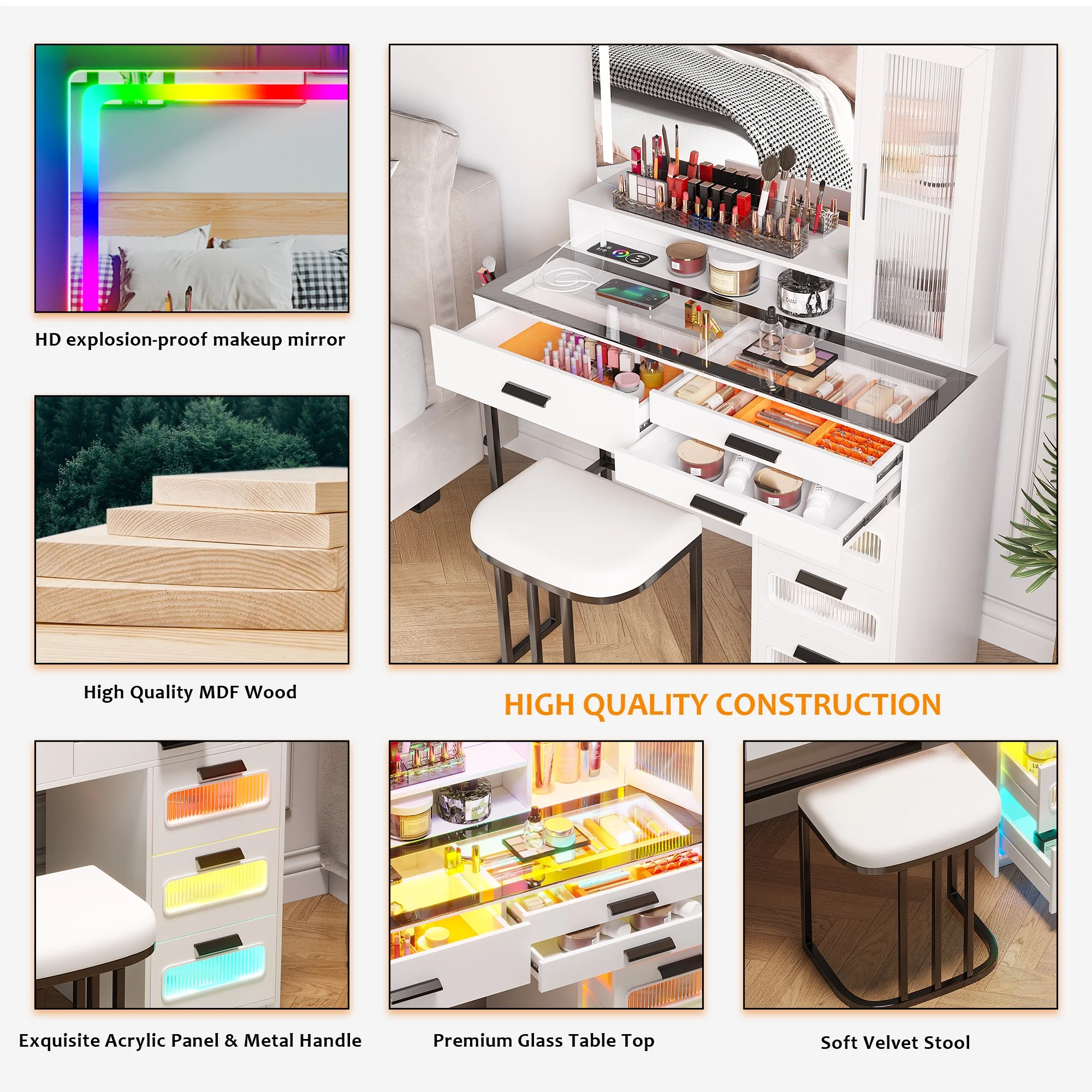 HNEBC Vanity Desk with Mirror and RGB Lights, Glass Top Makeup Vanity with Auto Sensor Lights and Wireless Charging, Vanity Table Set with Cushion Stool, Dressing Table with 6 Drawers (White)