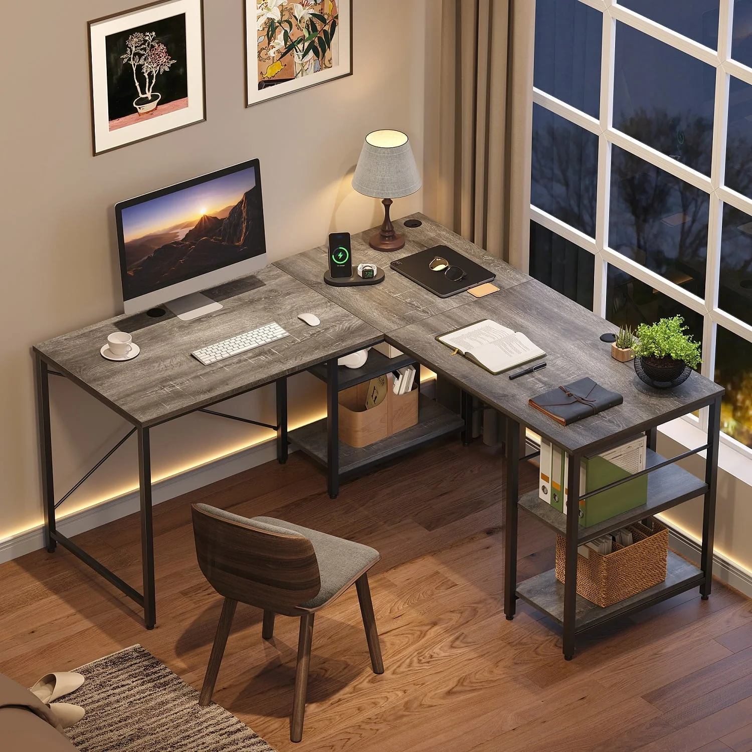 Bestier 95.5 inches L-Shaped Corner Computer Desk with Shelves Long Table in Grey