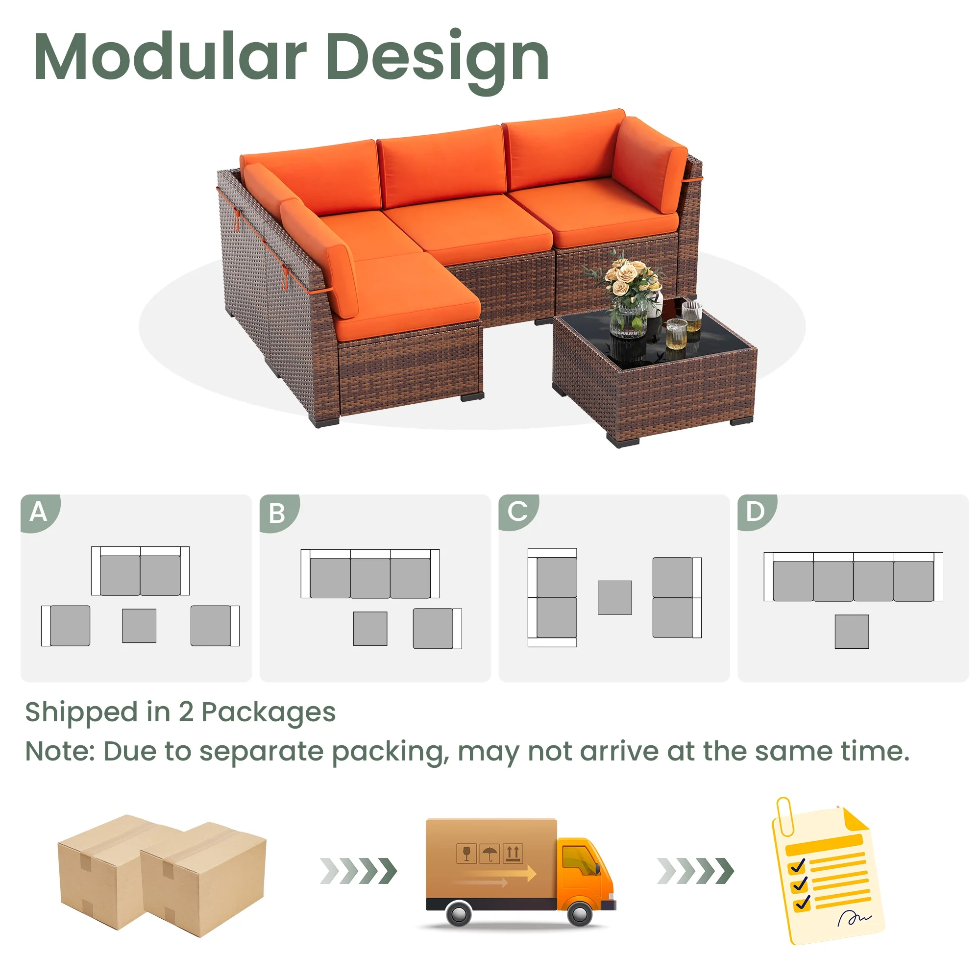 Poteban 7 Pieces Outdoor Sectional Sofa Set , PE Wicker Rattan Slanted Back Outdoor Conversation with Cushions and Glass Coffee Table for Backyard Garden, Dark Gray
