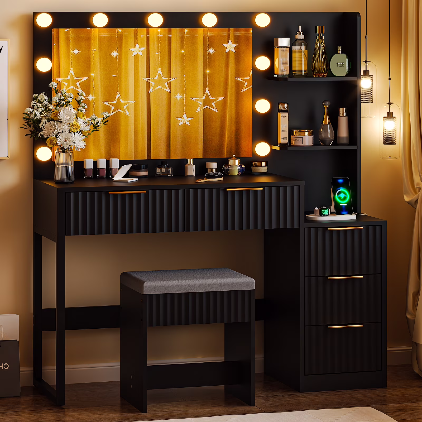 Ktaxon Flutted Makeup Vanity Table Set with 5 Drawer, Dressing Table w/Charging Station, Vanity Desk for Femal Gift, White