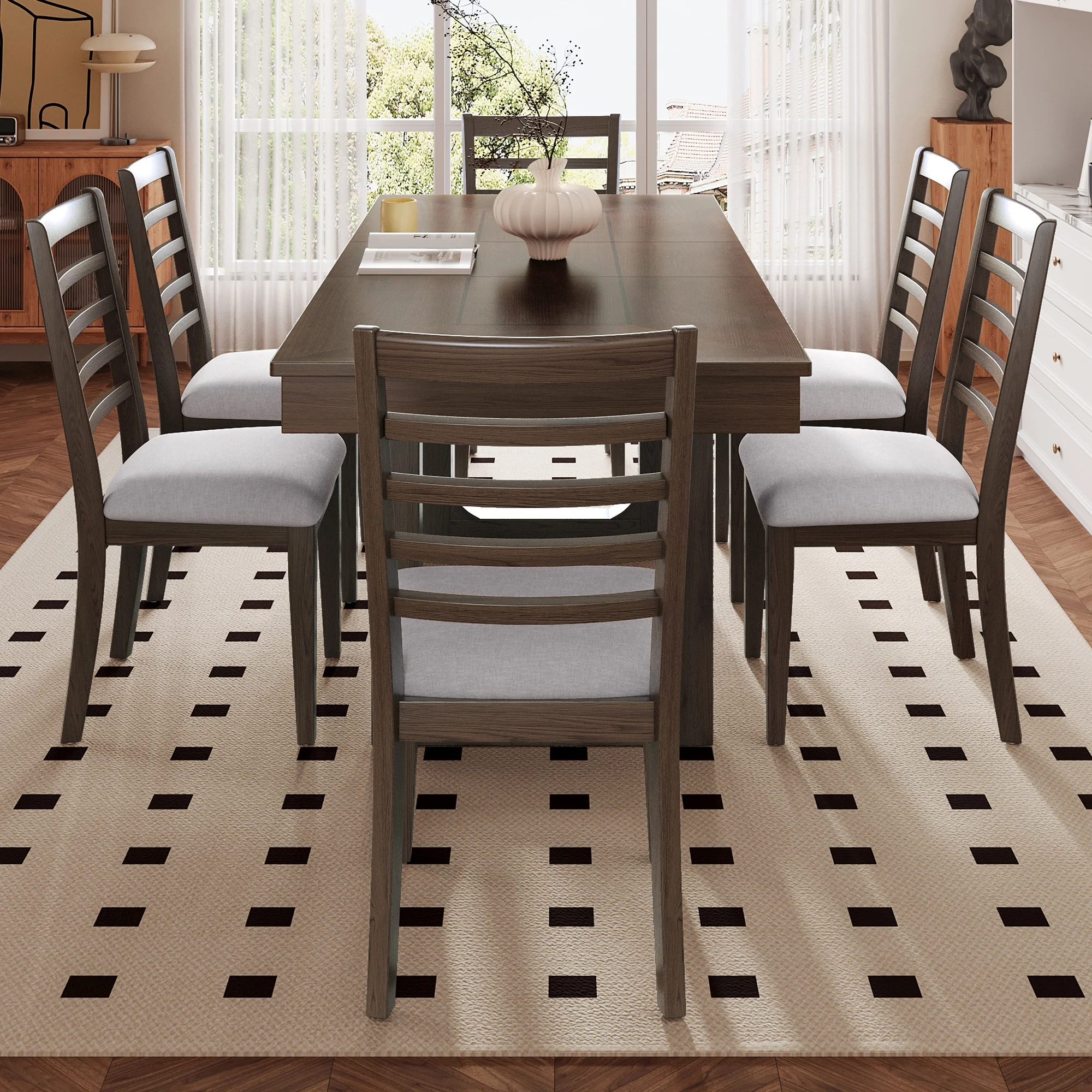 Harper & Bright Designs Farmhouse Extendable Dining Table Set for 6, 7 Pieces Rectangle Dining Table with 6 Upholstered Chairs, Wood Expanding Kitchen Table Set for Dining Room, Brown