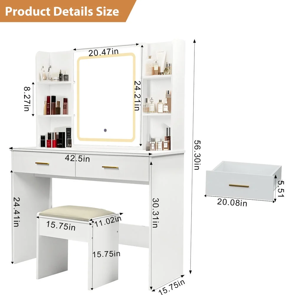 Kadyn Vanity Desk with Lighted Mirror, Vanity Table and Chair Set with 2 Drawers, Dressing Table Makeup Desk with 1 Door, Retro Gray