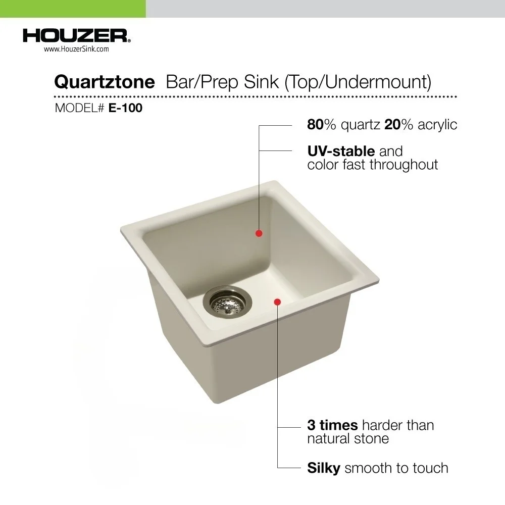 Houzer Quartztone 16 in Slate Granite Composite Dual Mount Topmount or Undermount Single Bowl Bar Sink - E-100 SLATE