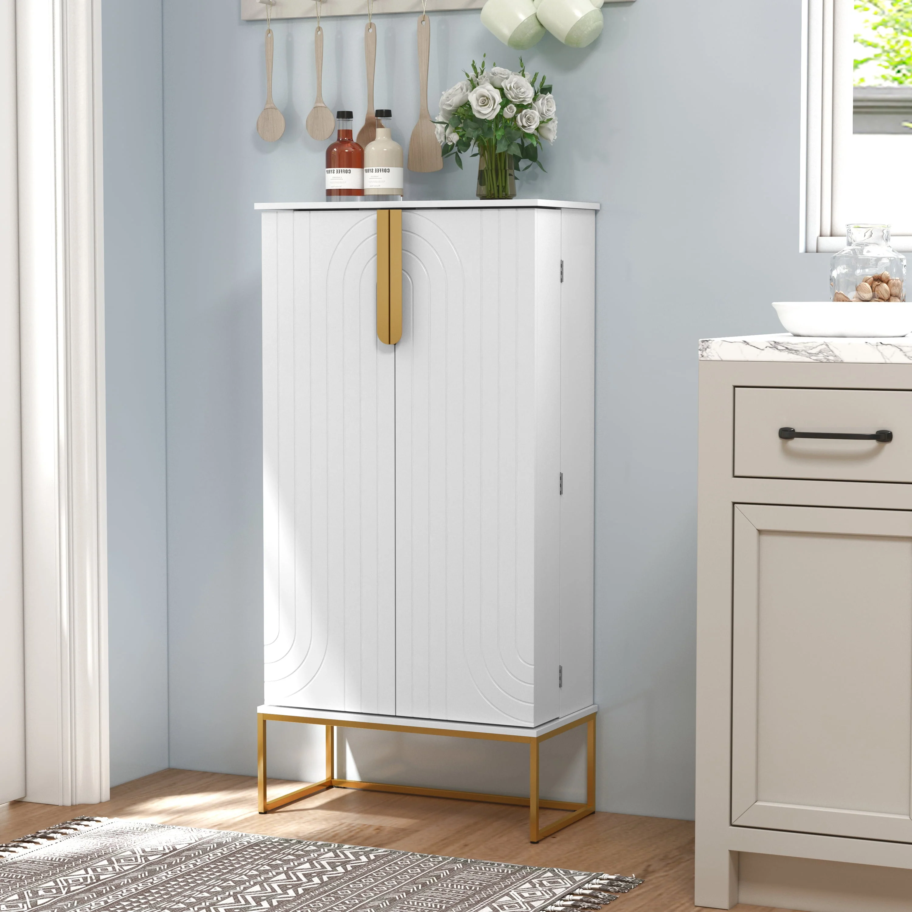HLR 46 inches White Pantry Cabinets, Kitchen Pantry with Doors and Shelves for Kitchen, White Pantry Storage Cabinet with Black Metal Base for Living Room and Dining Room