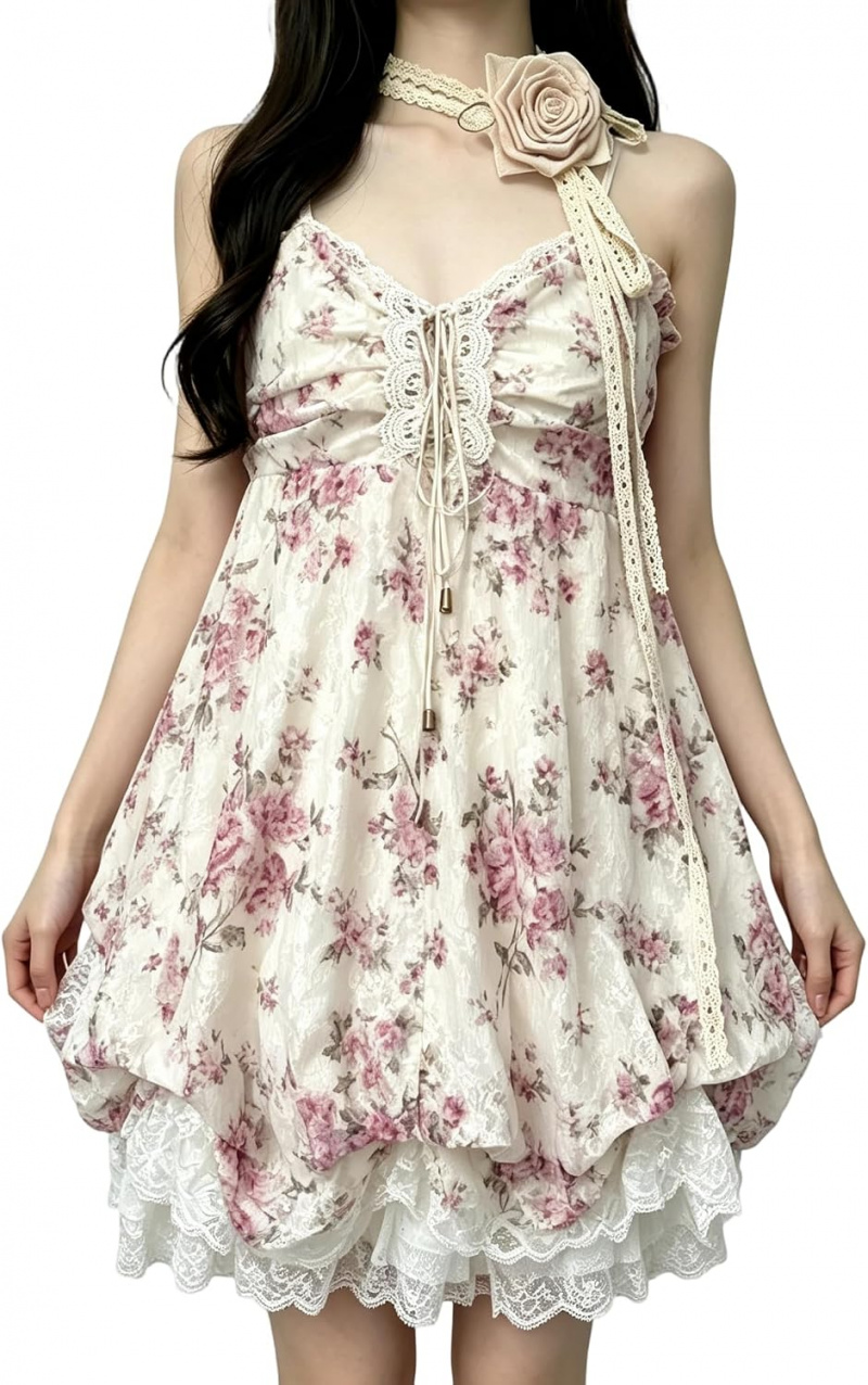 Spaghetti Strap Lace Mini Dress 2000s Women Cute Summer