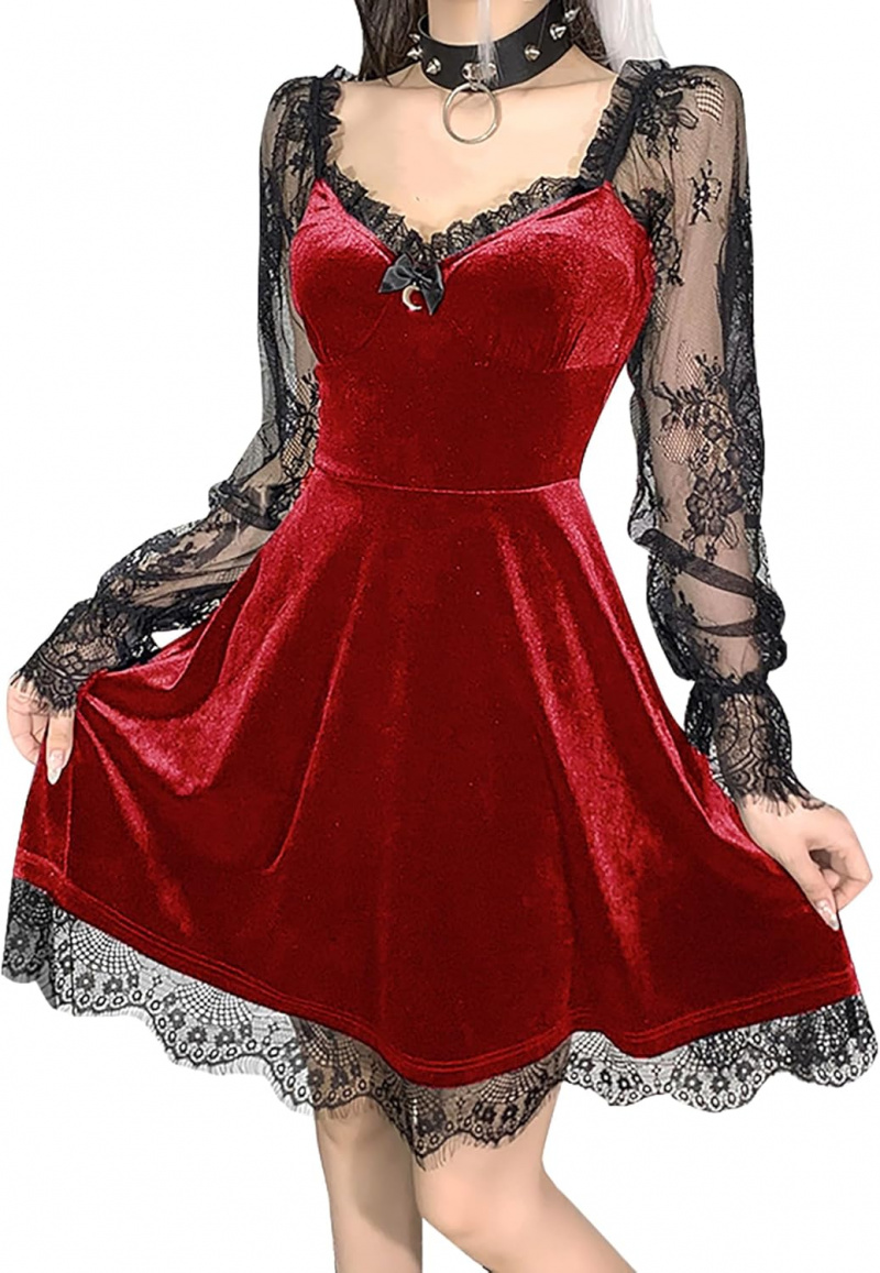 Women Gothic Velvet Dress - Flared Lace Long Sleeve Midi Dresses