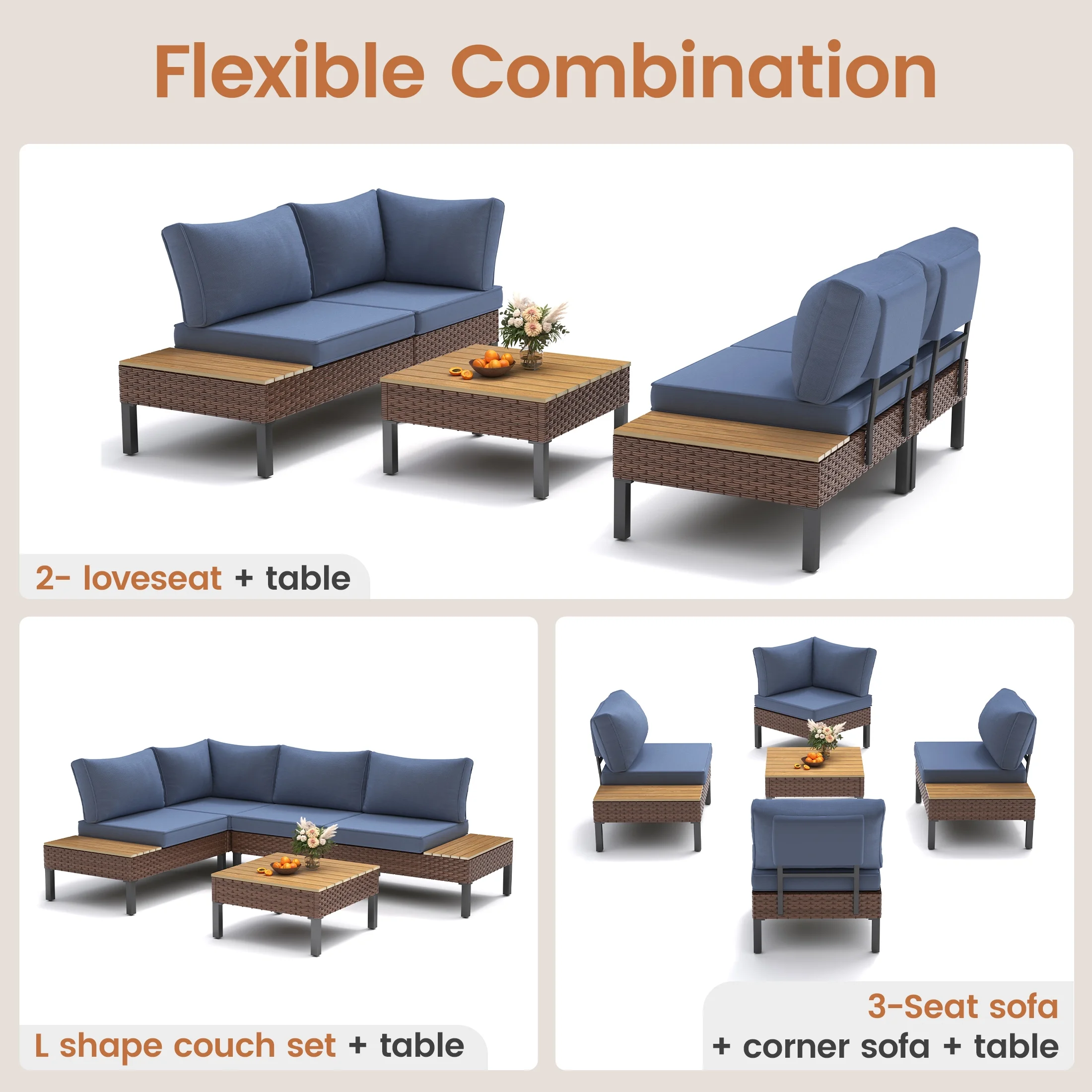 Poteban 5-piece Rattan Outdoor Patio Sofa Set,L-Shaped Sectional Sofa Couch with Coffee Table for Backyard,Lawn,Garden,Navy Blue