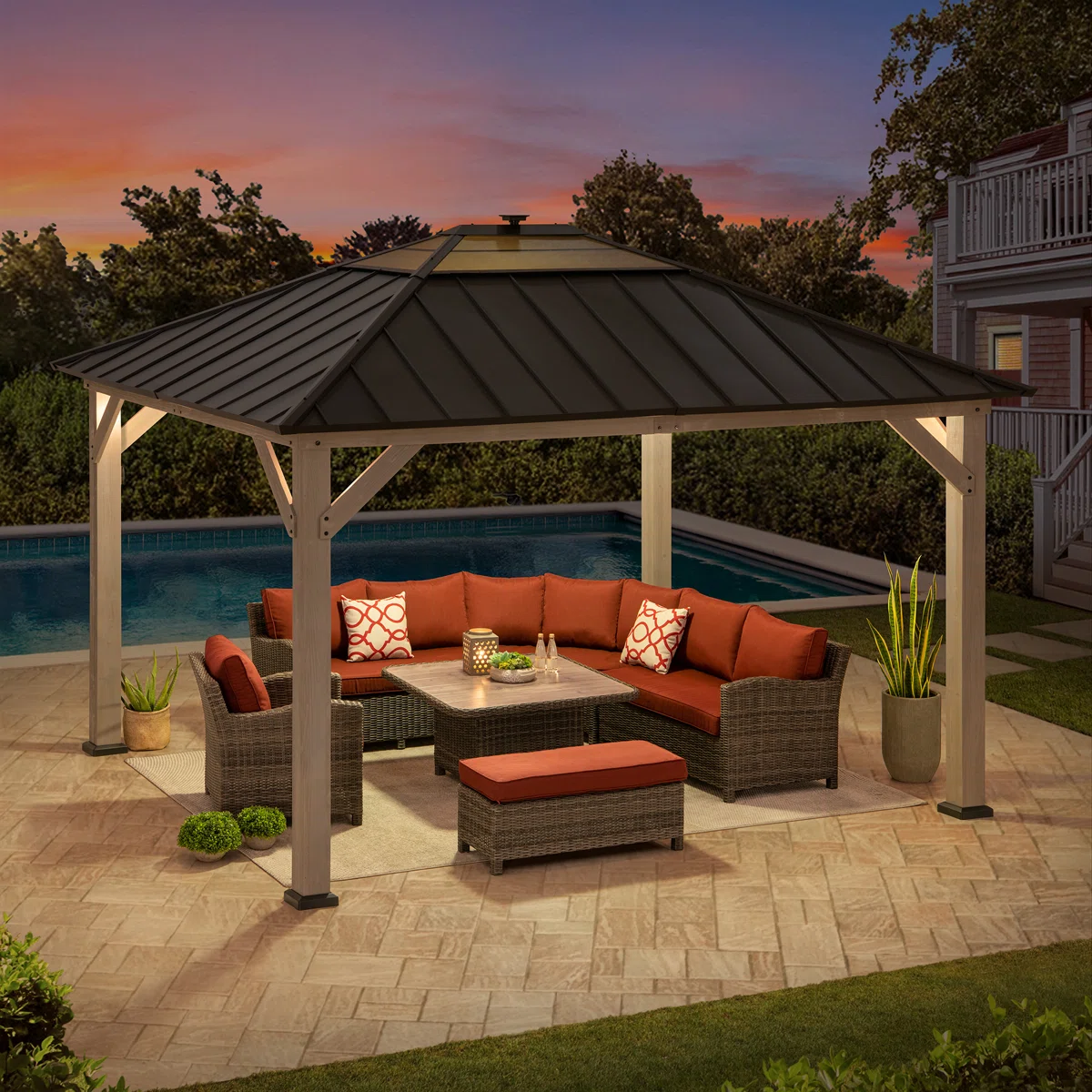 Sunjoy 11' x 13' Grayden Wood Gazebo . Outdoor Patio Solar Powered Hardtop Gazebo with One-Tier Metal Roof. LED Light and Ceiling Hook