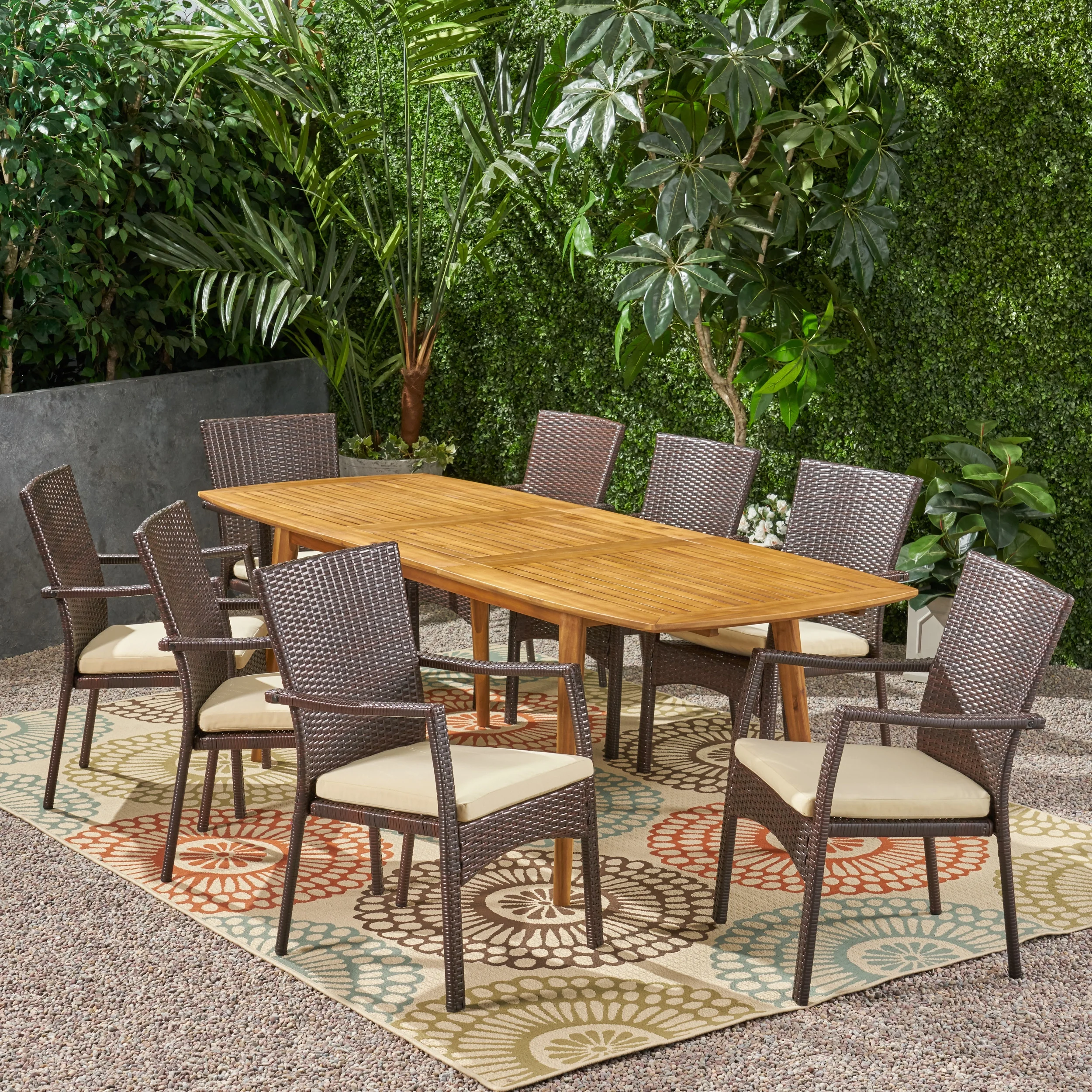 Jabari Outdoor Wood and Wicker Expandable 8 Seater Dining Set, Gray