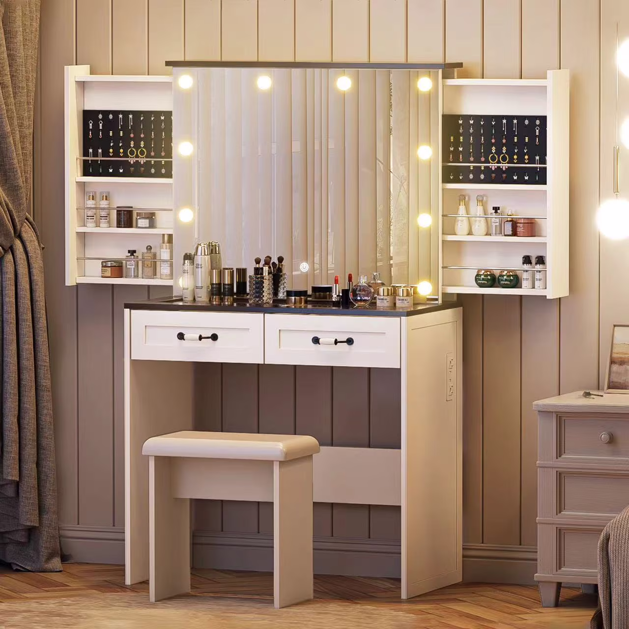 Vanity Desk with Chair, White Makeup Desk Set with Mirror & LED Lights, Vanity Table with Power Strip, 2 Drawers, 4 Shelves