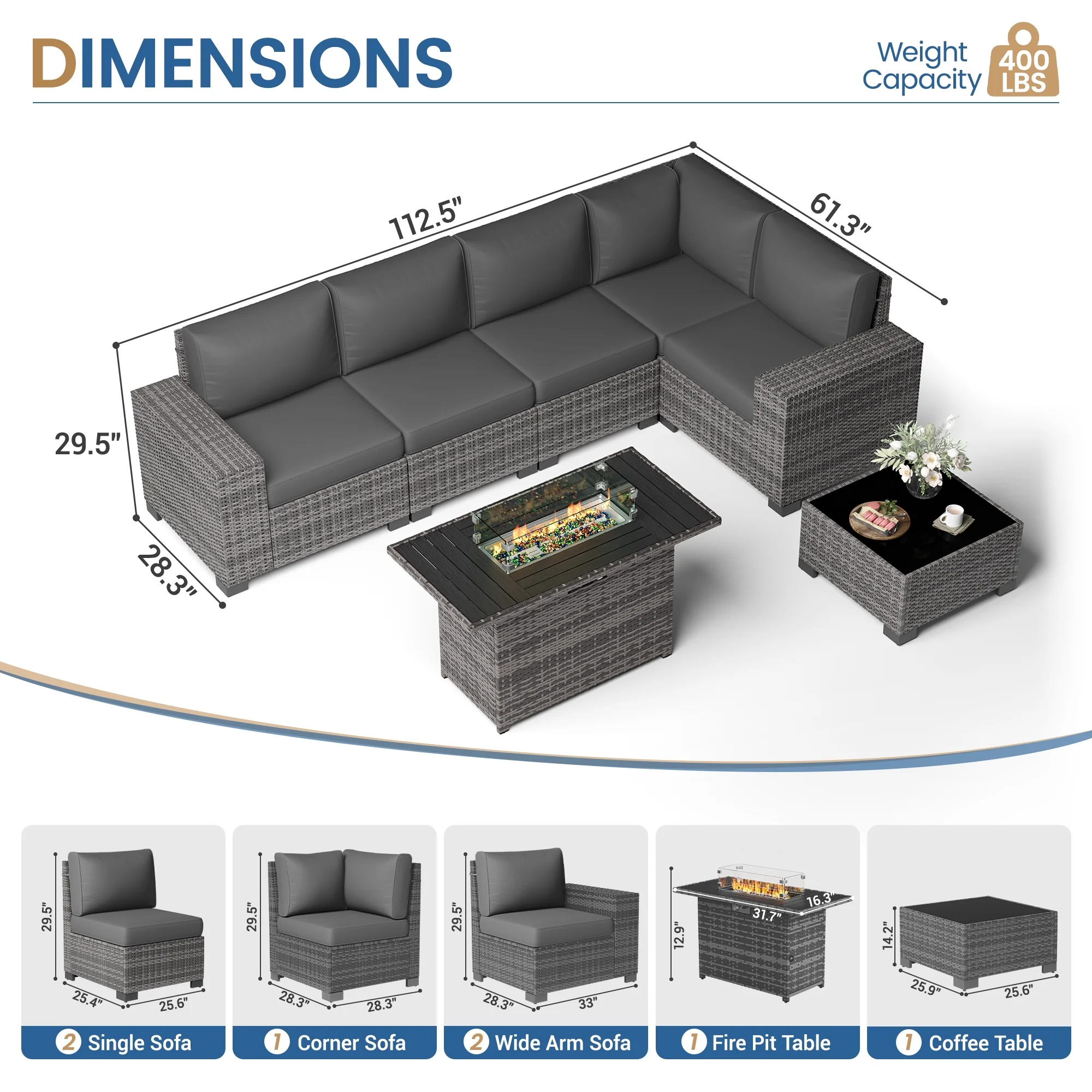 Poteban Patio Furniture Set 6 PCS Outdoor Sectional Conversation Sets Featuring Widen Wicker Armrests and High Back, Black (Waterproof Covers Included)