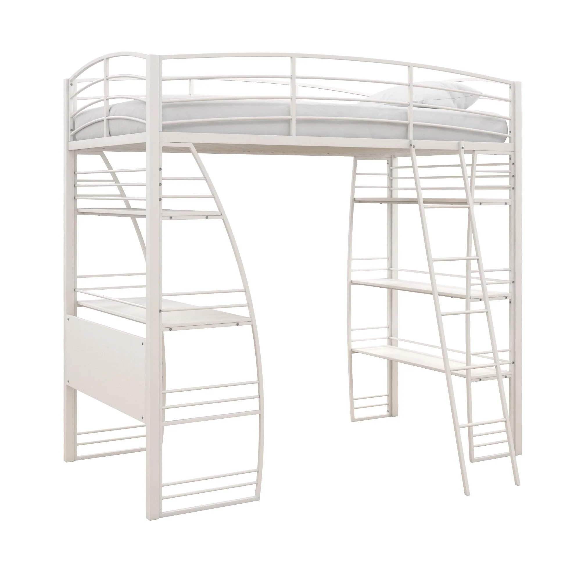 DHP Sage Studio Twin Metal Loft Bed with Integrated Desk and Shelves, Off White