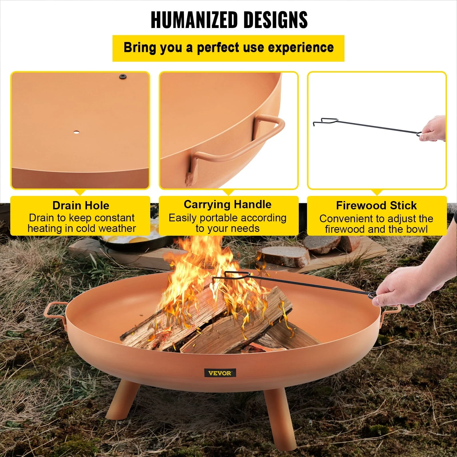 VEVOR Fire Pit Bowl, 30-inch Deep Round Carbon Steel Fire Bowl, Wood Burning for Outdoor Patios, Backyards & Camping Uses, with A Drain Hole, Portable Handles and A Firewood Stick, Brown