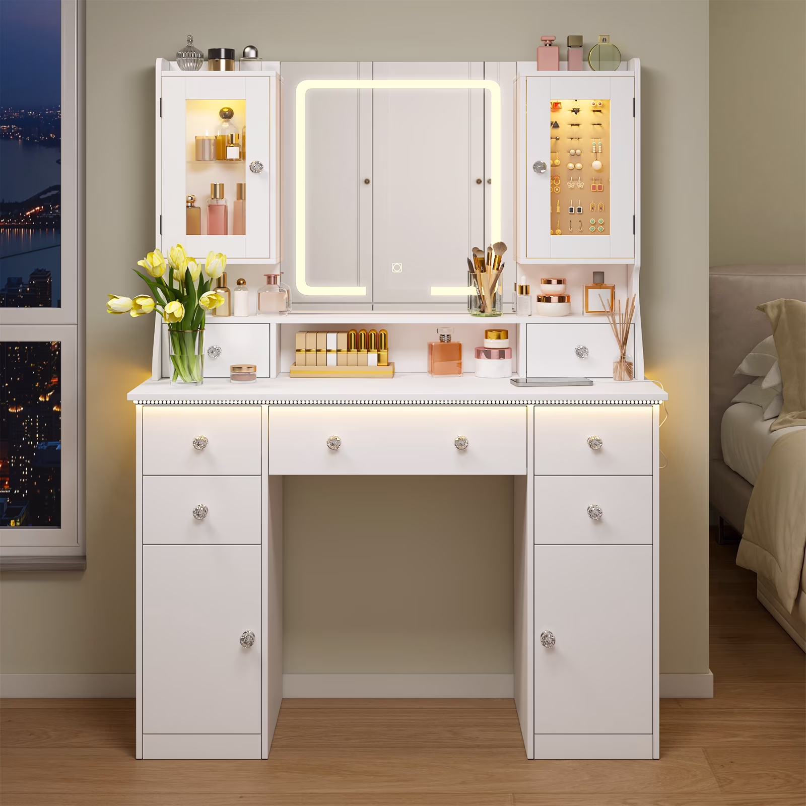 Tomnk woo White Makeup Vanity Desk with Large Mirror, Adjustable Lights, Storage Drawers & Power Outlets