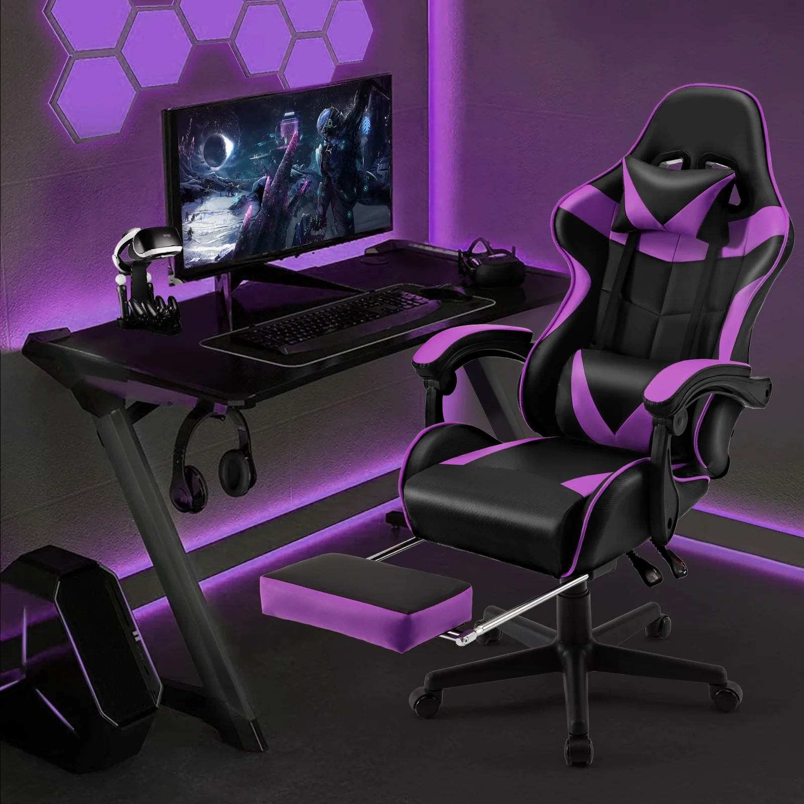 SOONTRANS Green Gaming Chair with Footrest, High Back Gamer Chair with Massage Lumbar Pillow, Gamer Computer Desk Chair (Green)