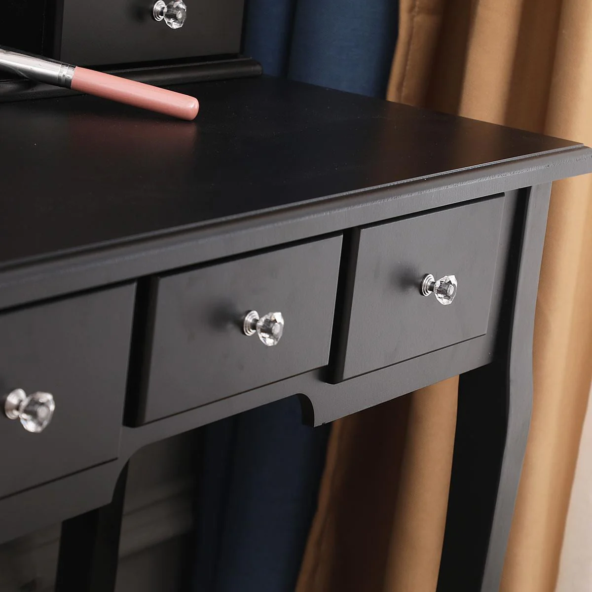 SamyoHome Oval Mirror Vanity Makeup Dressing Table and Stool Set Jewelry Desk with 5 Drawers, Black