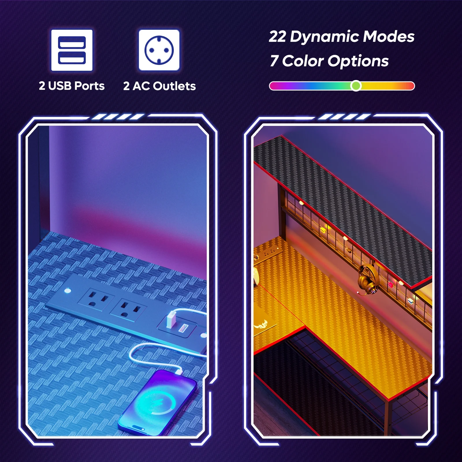 Bestier 51 L Shaped Gaming Desk with Power Outlets & LED Light, Computer Desk with 4 Tiers Shelves for Home Office, Reversible Gamer Table with Hooks and Cup Holder, Carbon Fiber
