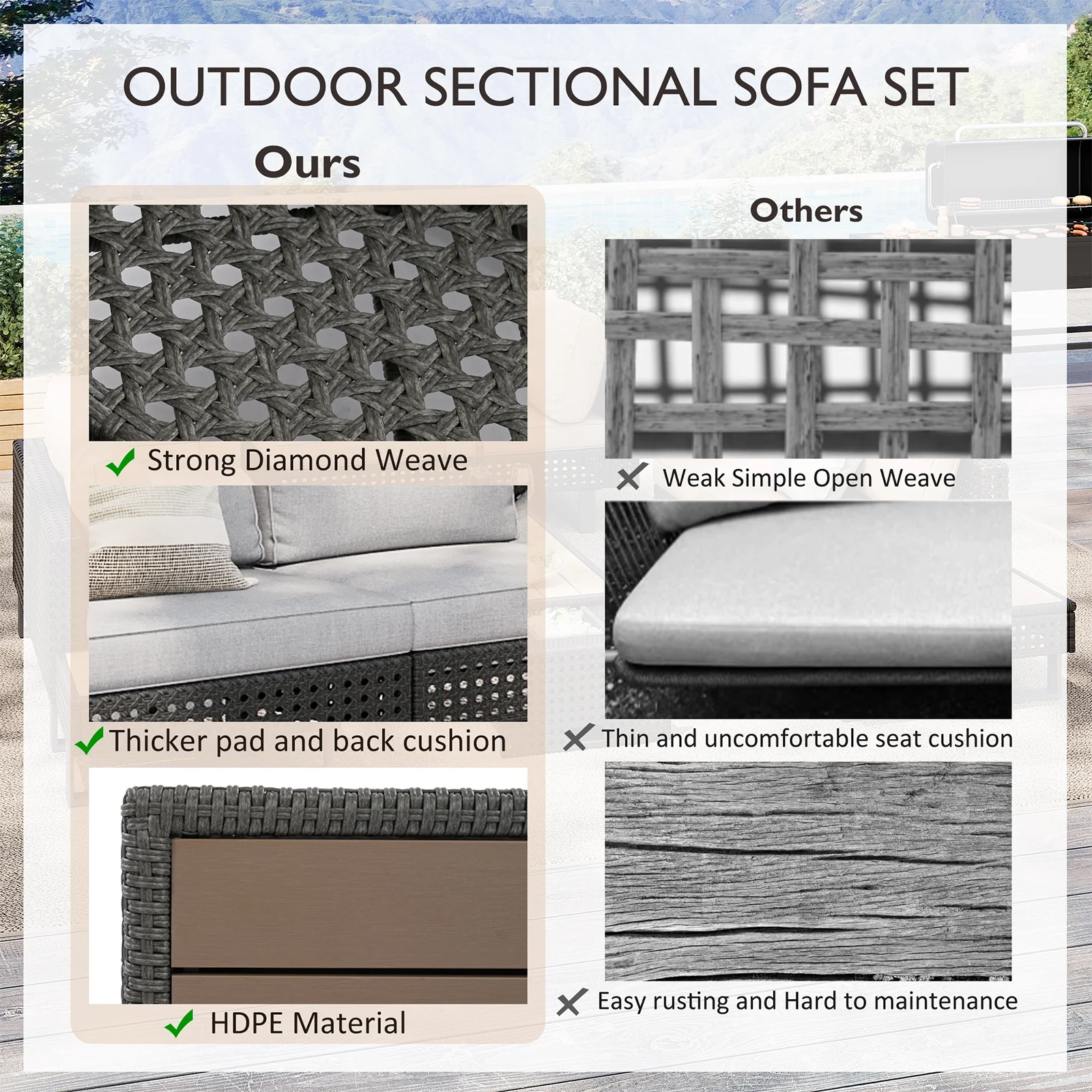 6-Piece Outdoor Sectional Furniture Set for Patio, Expandable Coffee Table w/ Ice Bucket & Collapsible Seat, Deep Cushions - Khaki