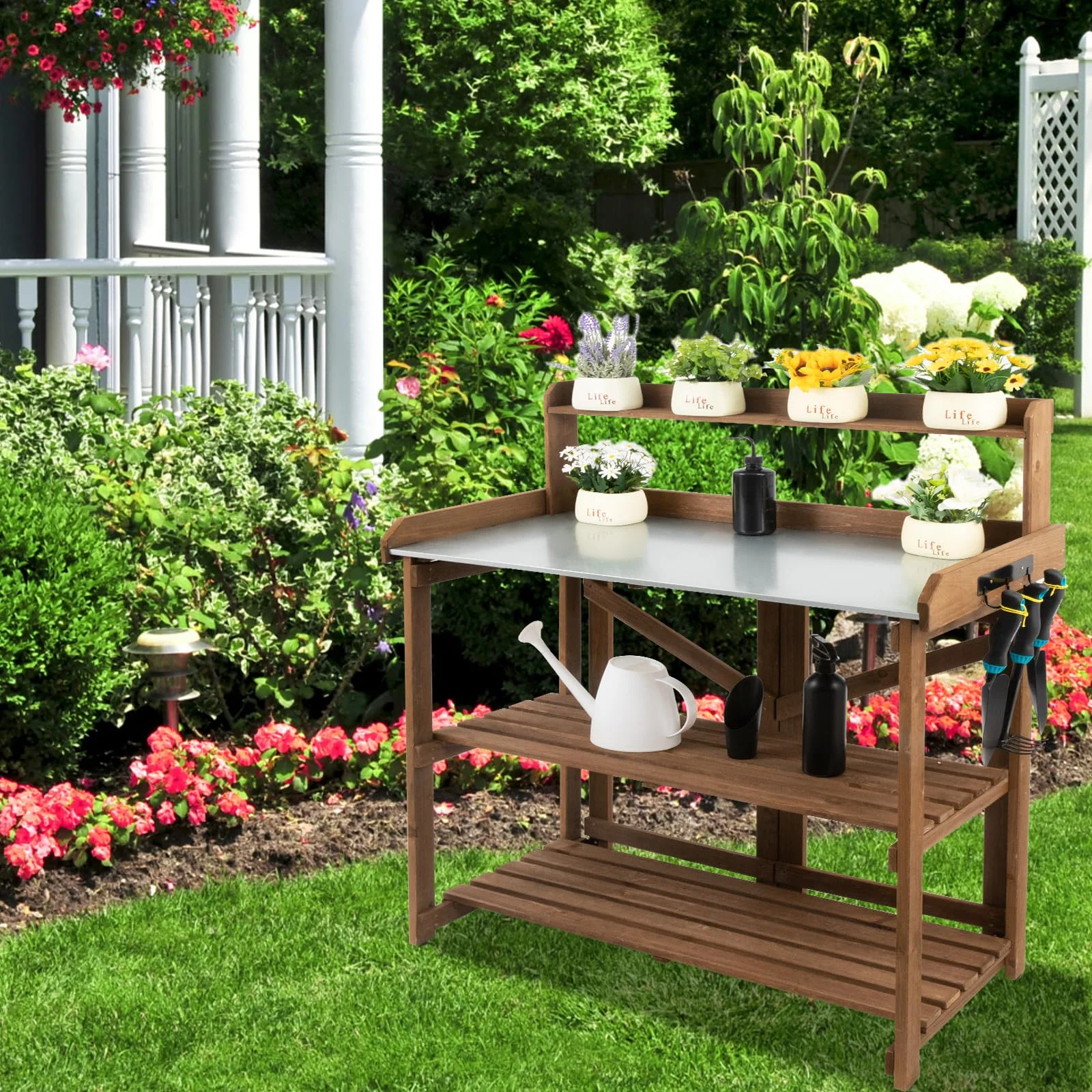 PETSCOSSET Outdoor Wooden Folding Potting Bench Table, Fir Wood Garden Workstation with Galvanized Tabletop, 2 Tier Storage Shelves, Brown