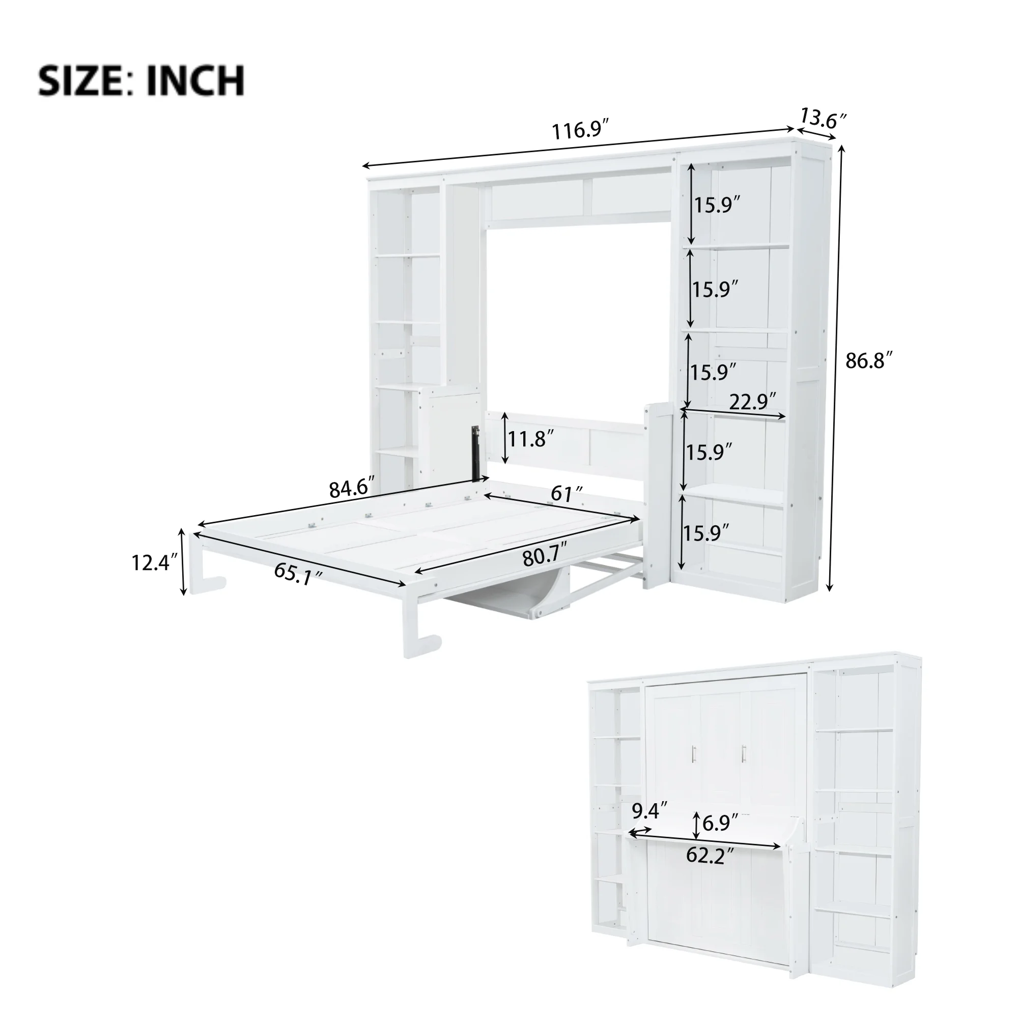 Queen Size Murphy Bed with Desk and Bookshelf(White)