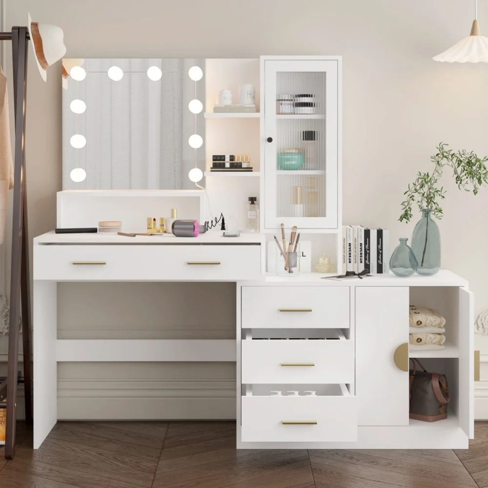 IVV Vanity Desk with Lighted Mirror and Charging Station, Makeup Dressing Table with 5 Drawers and Storage Cabinet, 10 LED Bulbs, 3-Color Lighting Modes, Brightness Adjustable, Black