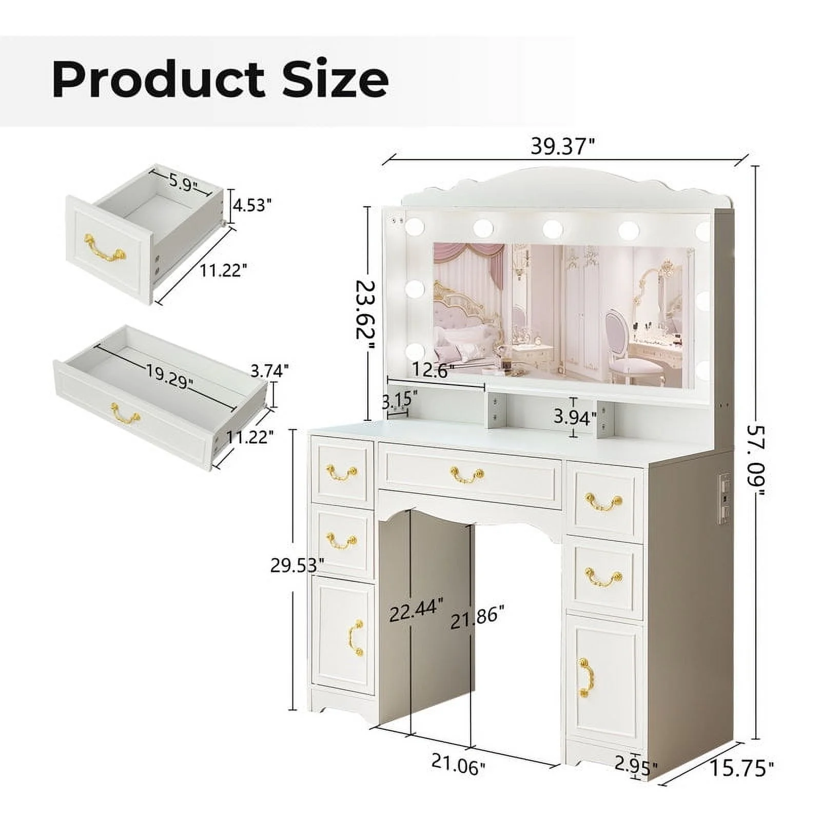 Vanity Desk with Mirror and Light 1 Piece Bohemian White Vanity Table,French Country Style