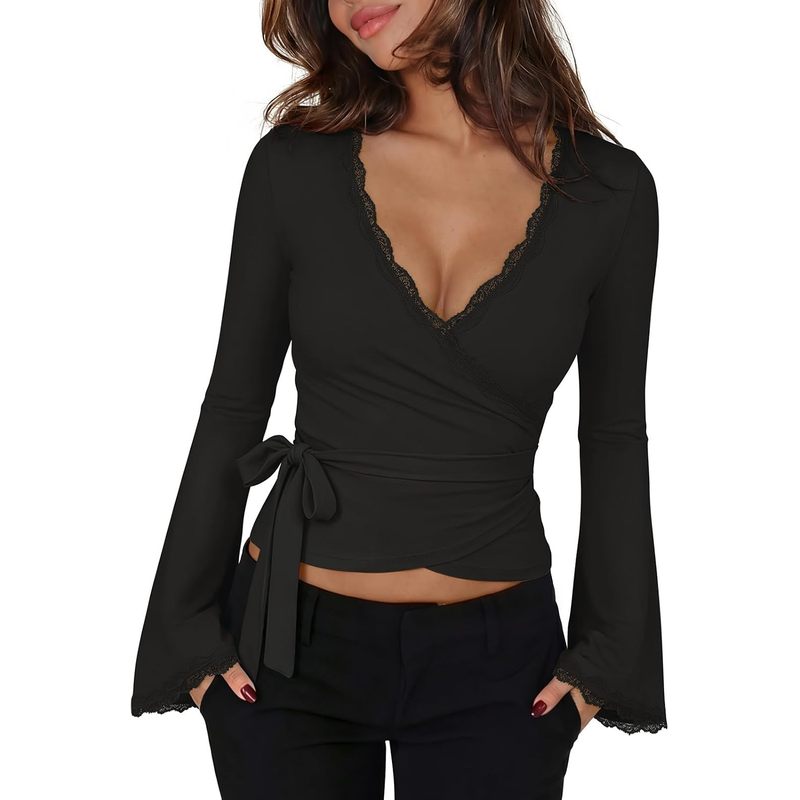Sexy Going Out Lace Wrap Tops for Women Bell Long Sleeve Top