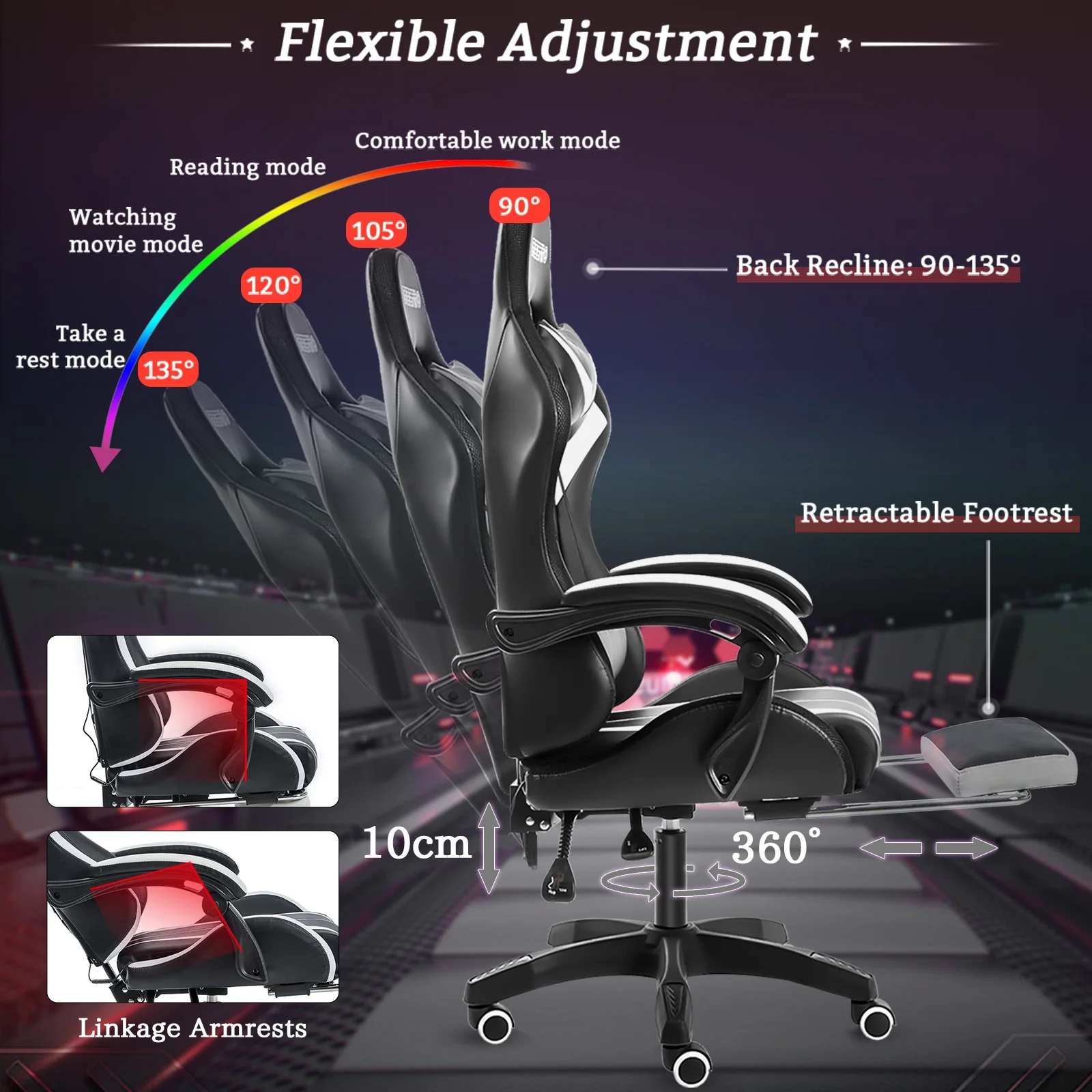 Hoffree Gaming Chair with Massage PU Leather Office Chair with Footrest and LED Light Ergonomic Gamer Chair Lumbar Support Adjustable Headrest High Back Computer Desk Chair for Home Office