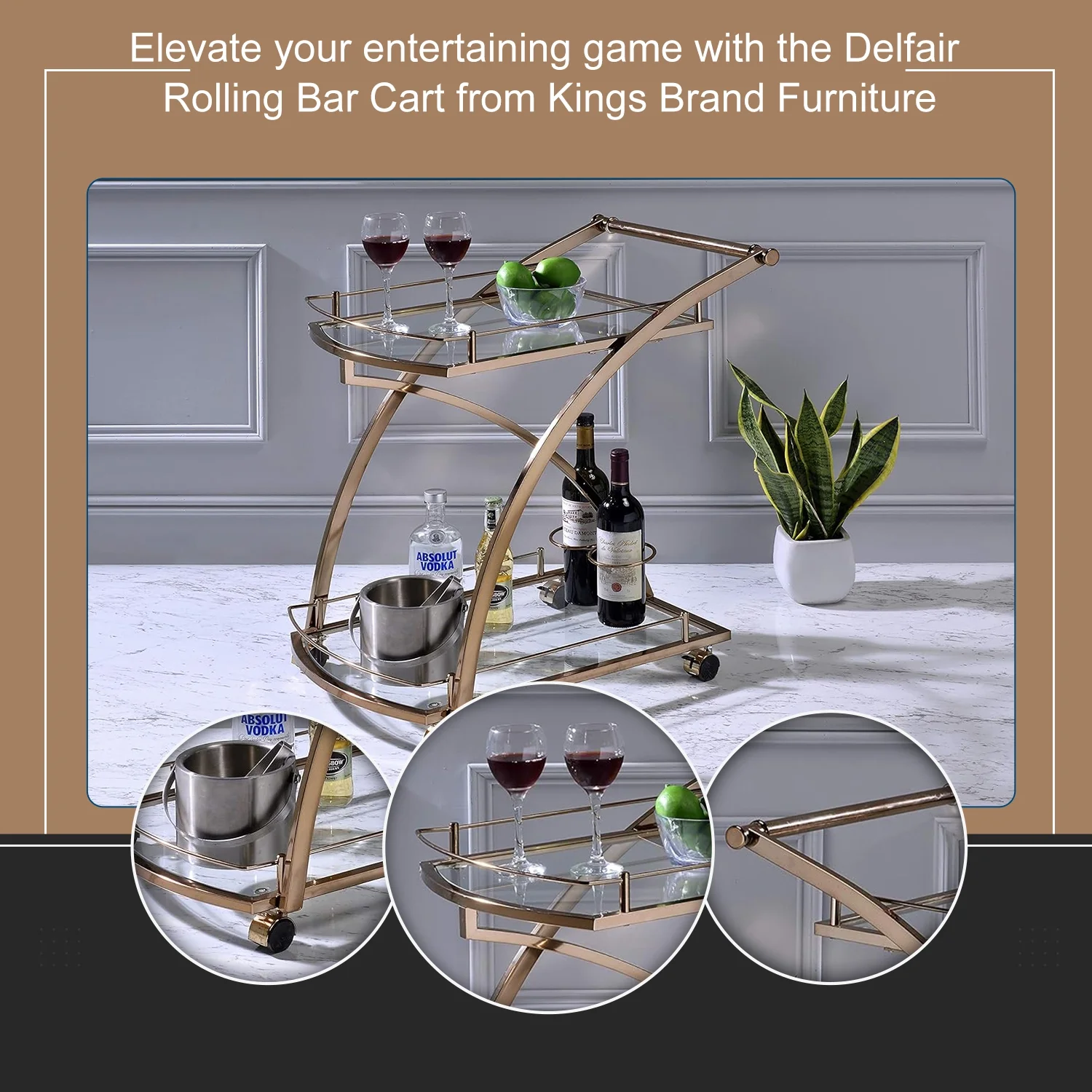 Kings Brand Furniture Metal Rolling Bar Kitchen Serving Cart with 2 Glass Shelves and Wine Holders, Gold