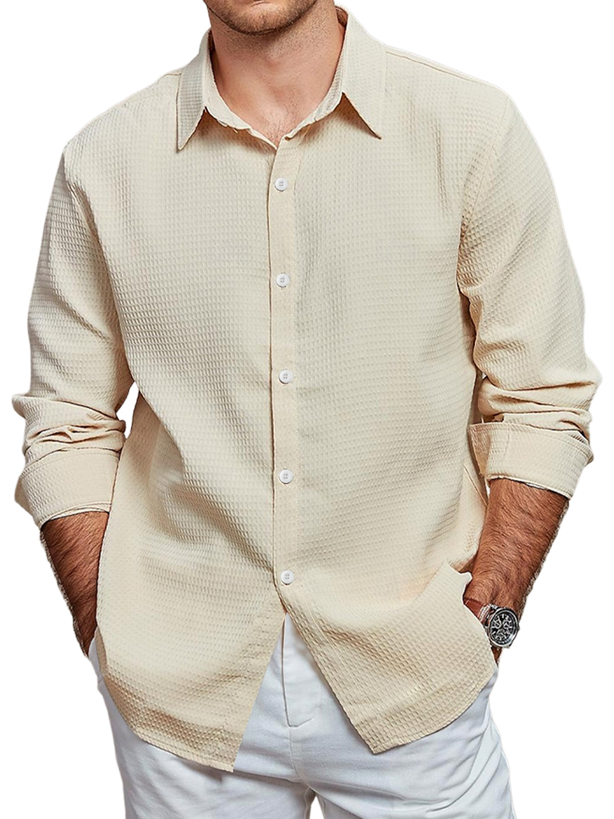 Men's Casual Waffle Solid Color Long Sleeve Shirt