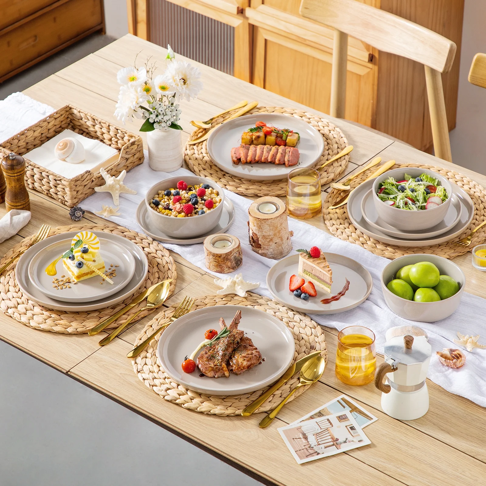 Malacasa 24 Pcs Dinnerware Sets, Stoneware Plates and Bowls Set, Tableware Dishwasher Microwave Safe, Serves For 6 people, Brown