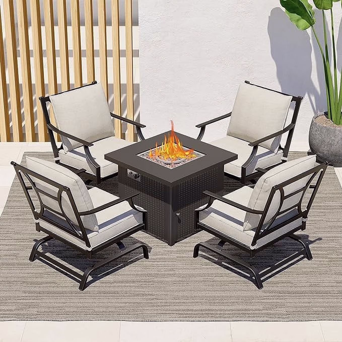 Grand Patio 5-Piece Patio Furniture Conversation Sets with Propane Fire Pit Table Cushioned Rocking Chairs Set of 4, Steel Frame, Gray