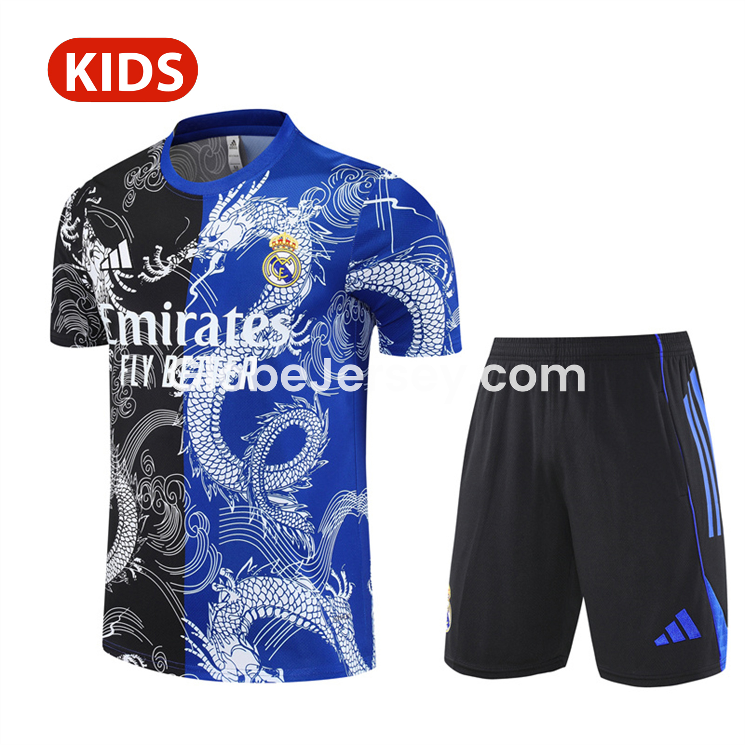 Real Madrid 25-26 Kid Short-Sleeve Training Set - Blue Black Dragon Top & Black Shorts