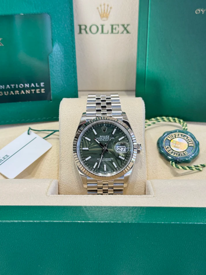 【Super Clone】RLX  Datejust 36mm 126234 Olive Green Palm Motif Dial Jubilee Stainless Steel Watch