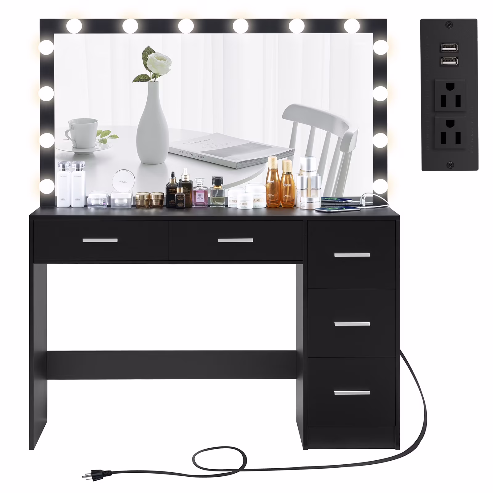 USIKEY Bedroom Adjustable Makeup LED Lights Desk, and Mirror Table Set, White