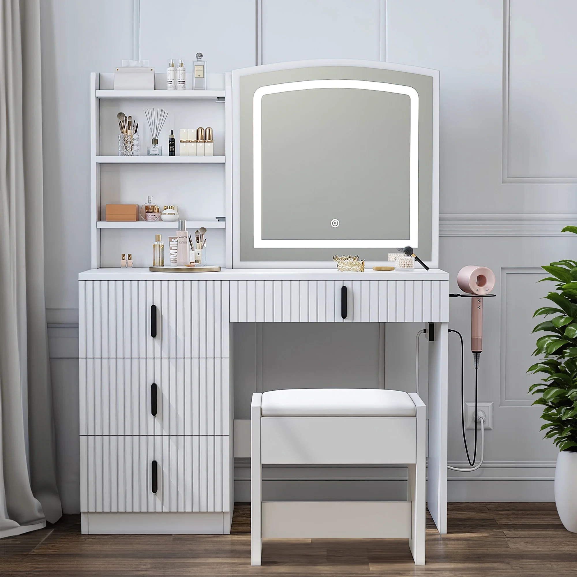 Dextrus Vanity Table Set with LED Lighted Mirror & Stool, Dressing Table with Sliding Mirror & Charging Station , Makeup Table with Storage Shelves & Drawers, White Vanity Desk for Bedroom, White