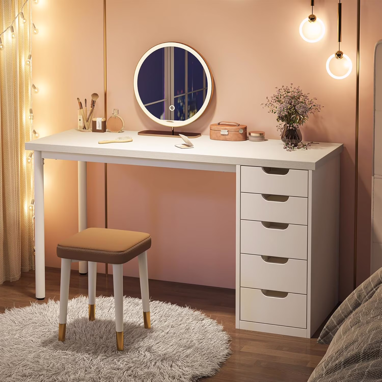 Tribesigns 47 inches Vanity Desk with 5 Drawers, Rustic Makeup Dressing Table with Storage, Modern Simple Computer Desk for Women, Girls (Brown)