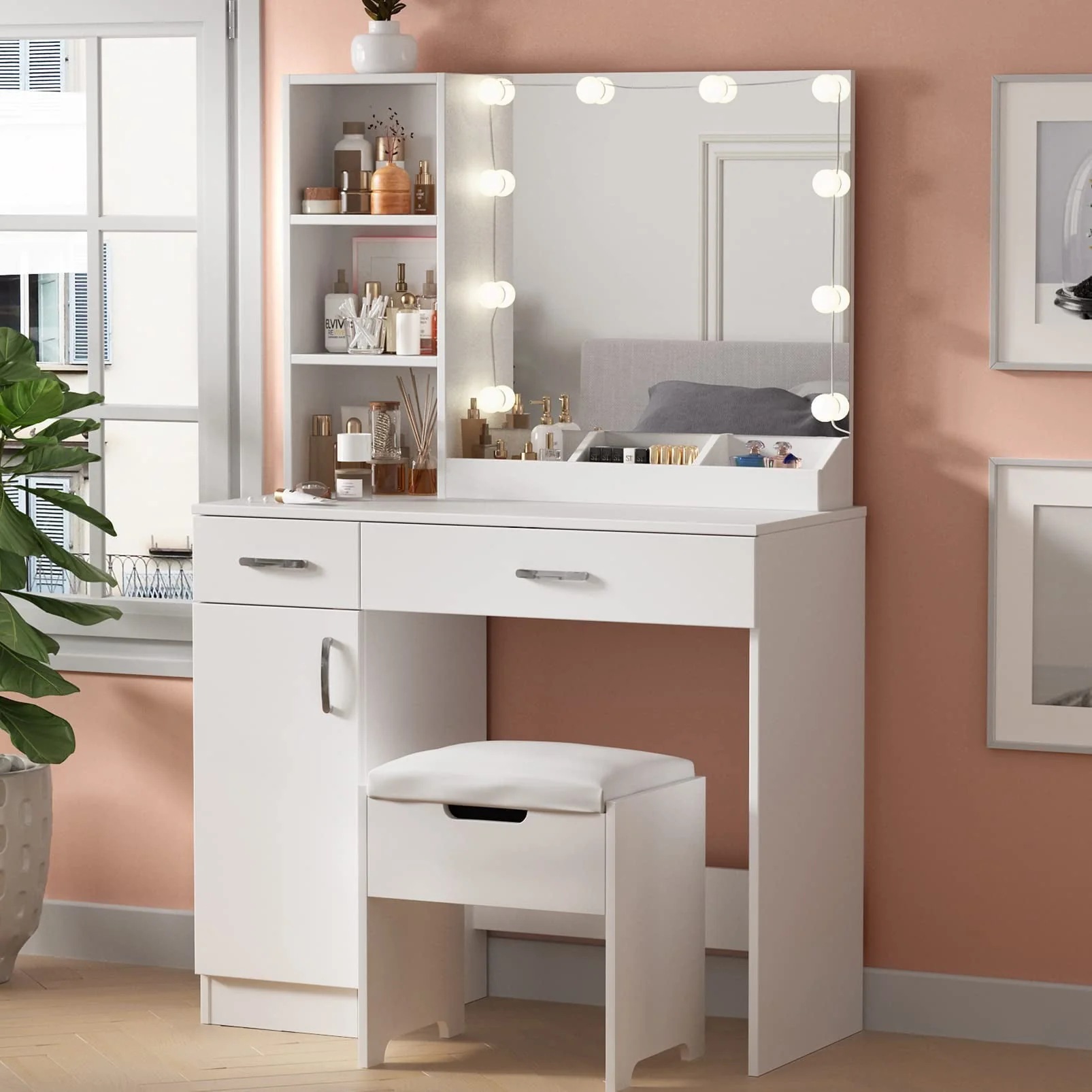 Veanerwood Makeup Vanity Table with 10 Led Lights, Lighted Mirror Vanity Desk, Modern Bedroom Dressing Vanity, White Finish