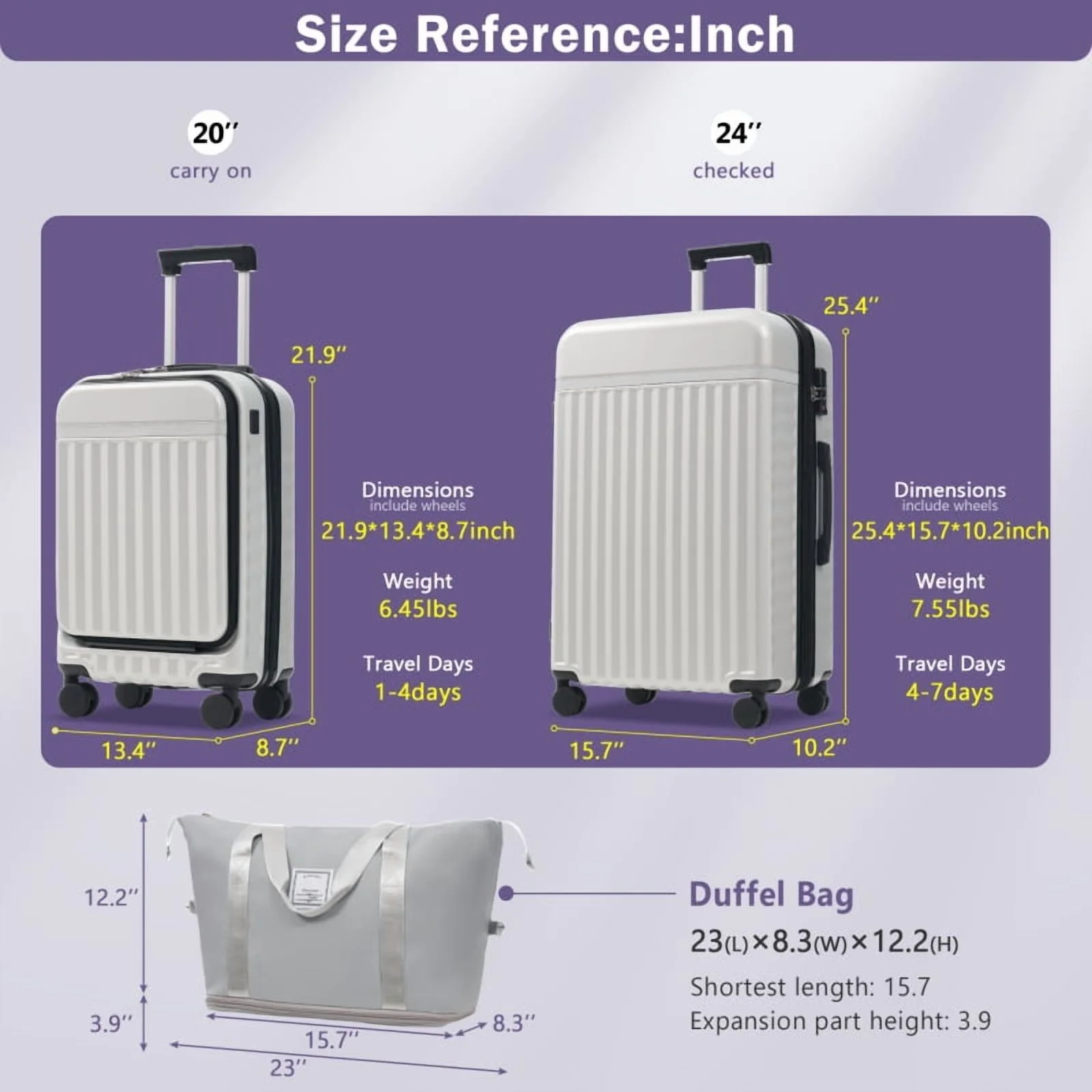 Front Opening Luggage Set 3 Piece, Hardside Carry on Suitcase with USB Port, Expandable Luggage with Handle Bag Spinner Wheels TSA Lock